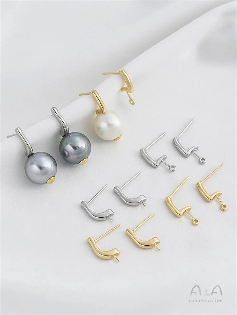 14K Gold Wrapped L-shaped J-shaped Bead Earrings 925 Silver Needles DIY Handmade Pearl Handmade Ear Jewelry Material F410