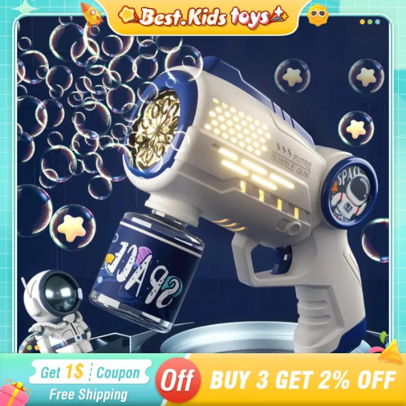 Electric Space Multi Hole Bubble Machine With Lights Fully Automatic Colorful Soap Handle Bubble Gun Children's Toy Outdoor Game