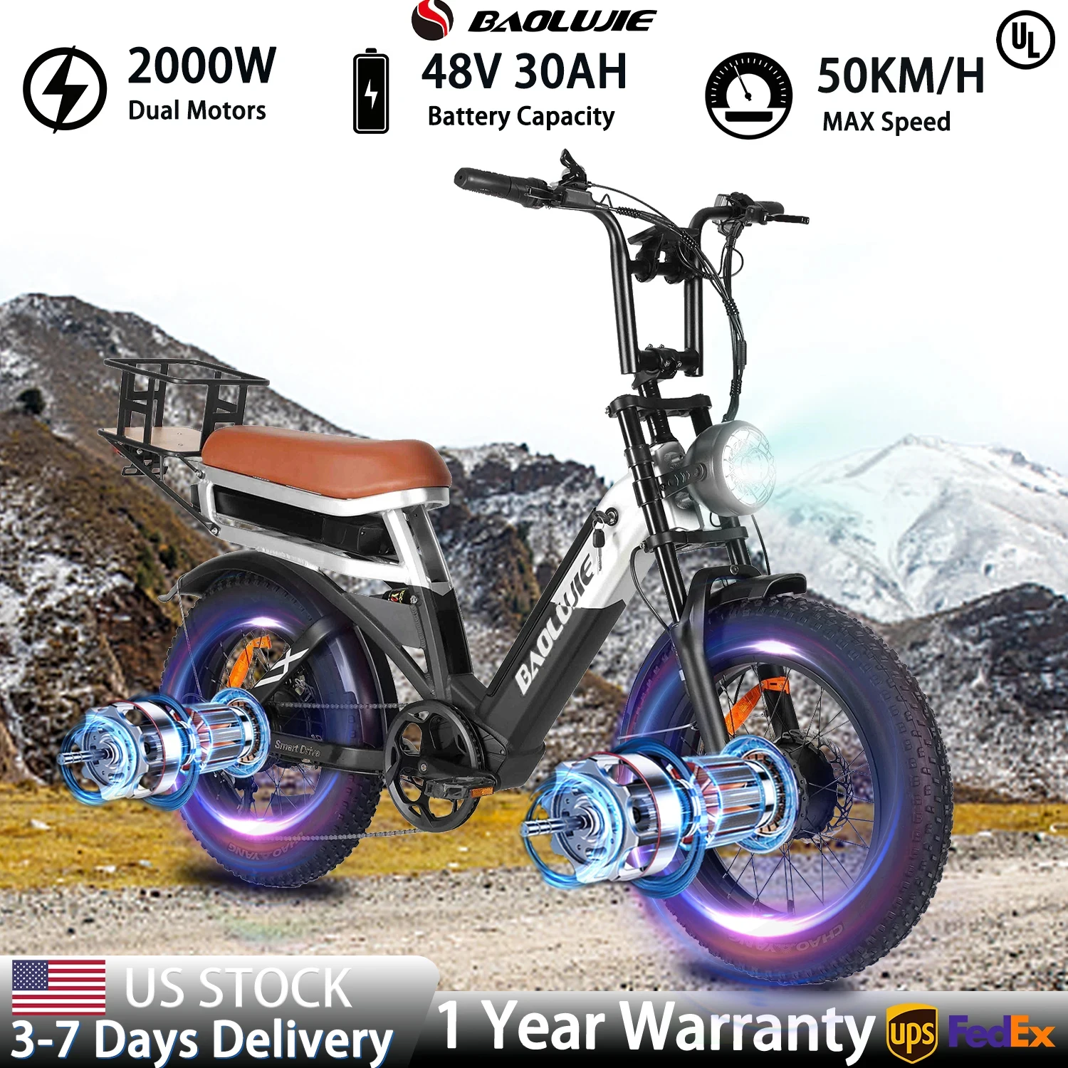 

BAOLUJIE 2033 20 Inches Adult Electric Mountain Bike, 2000W Dual Motor Ebike 7-speed Electric Bicycle,Ebike 48V【1 Year Warranty】