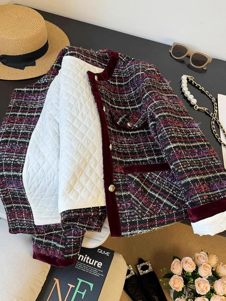 Vintage Women Winter Thick Warm Padded Tweed Jacket O Neck Single Breasted Plaid Coat Elegant Ladies Spliced Twill Jacket Parkas