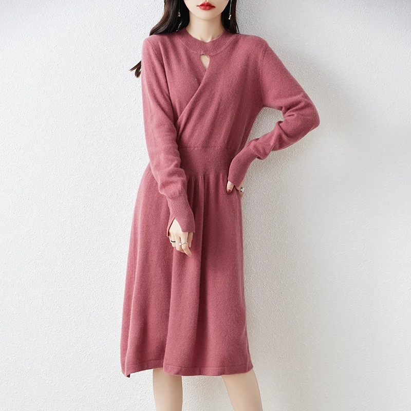 Fall/Winter Wool Knitted Dress Women\'s Half-high Neck Long Waist Sweater Skirt Loose 100% Wool Over-the-knee Skirt