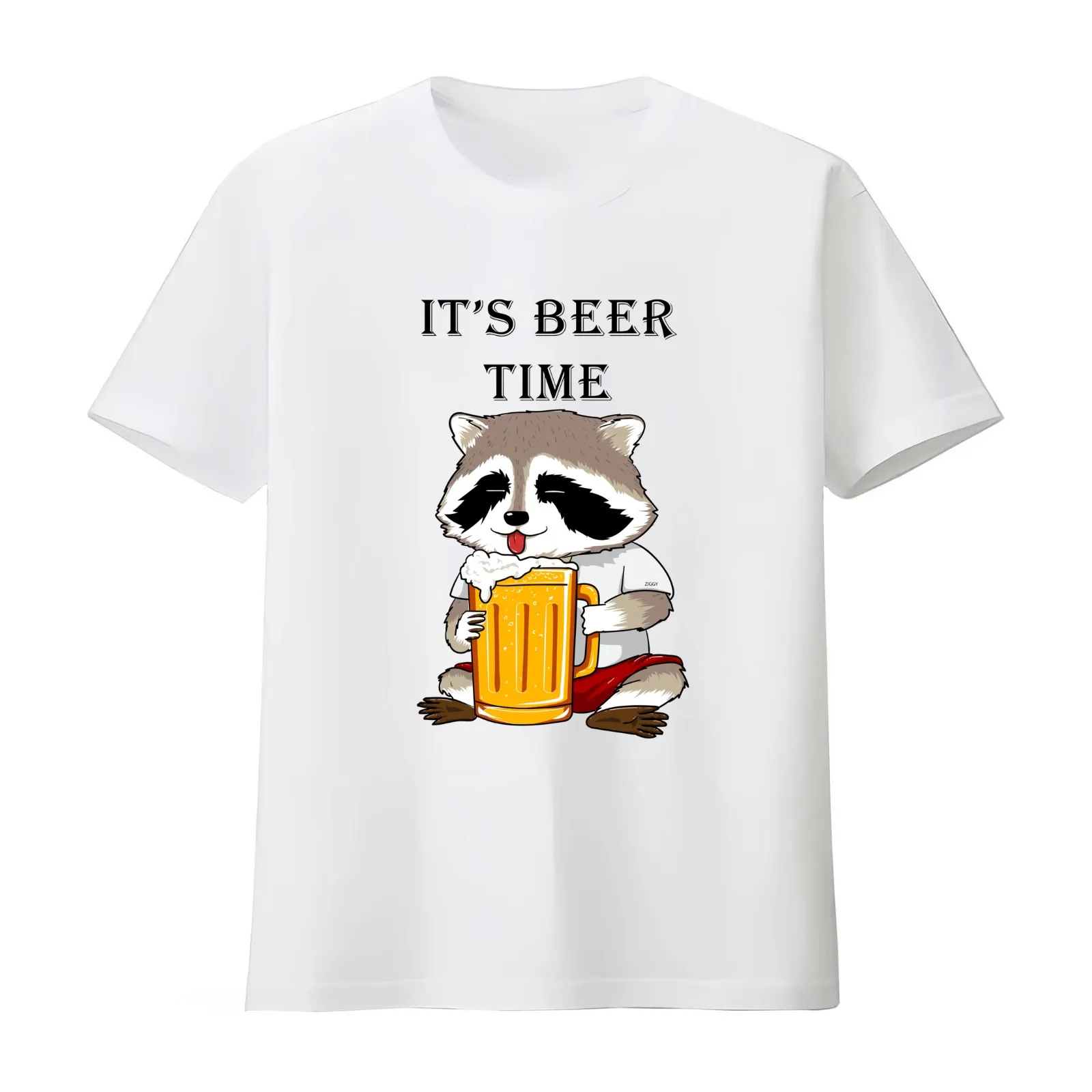 Ziggy the Racoon - It's Beer Time T-Shirt Summer Casual Cotton Tee Oversized Streetwear Tops Vintage Graphic Print