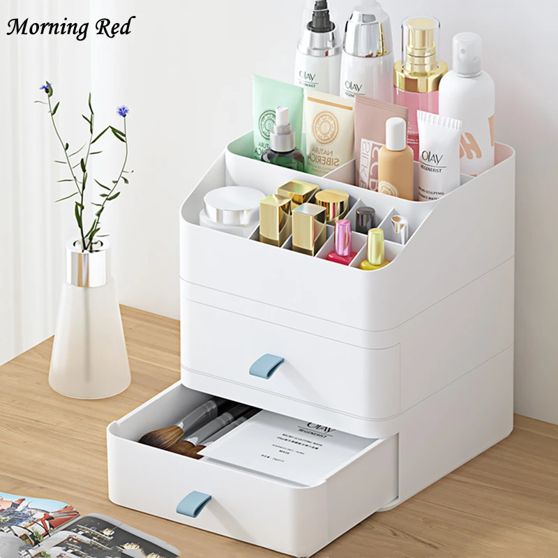 

Makeup Cosmetic Organizer with Drawers Plastic Skincare Storage Box with Lipstick Brush Holder Jewelry Vanity Organizer Desktop