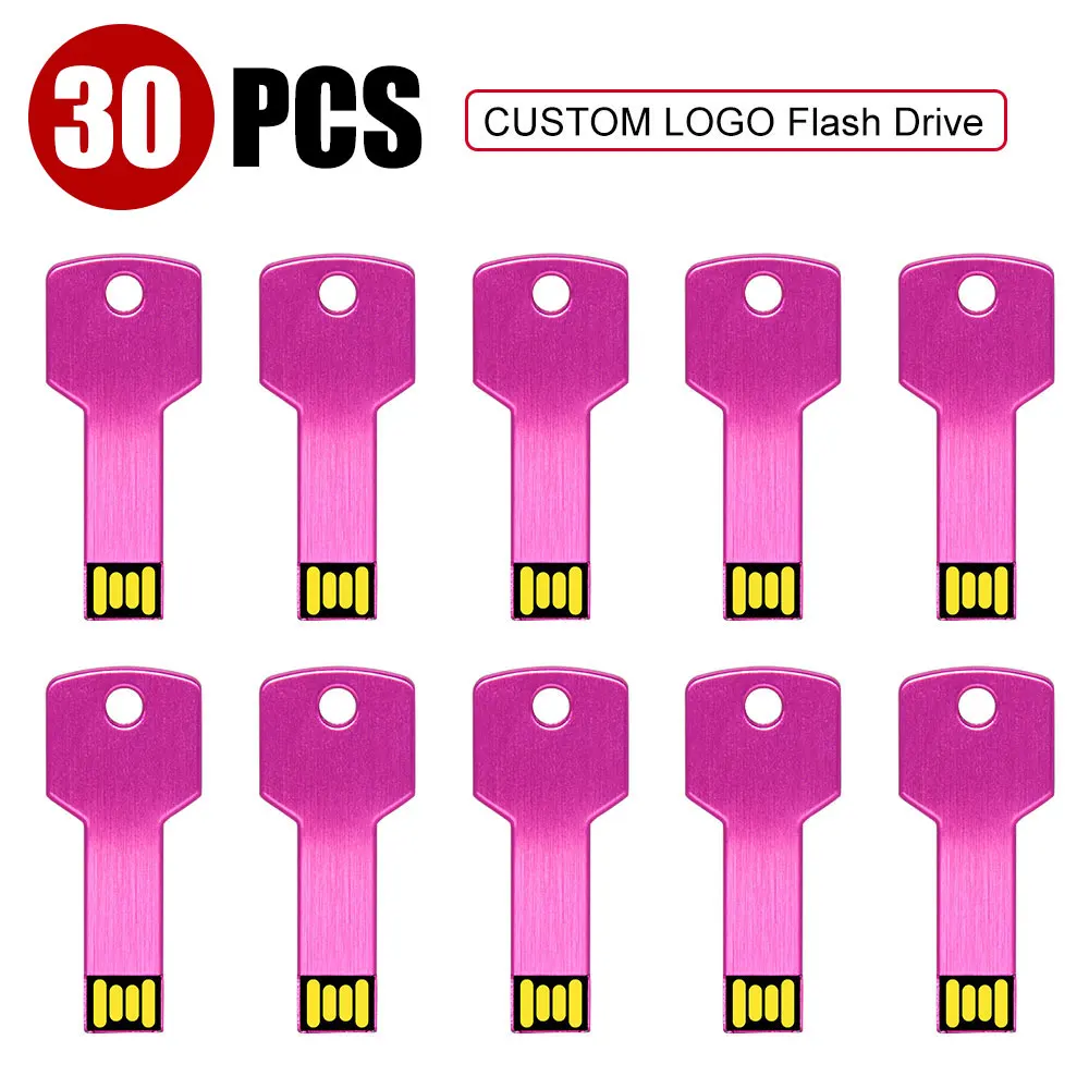 

30pcs/lot Custom Logo Metal Key Shape USB Flash 2.0 Memory Stick Pendrive 64GB 4GB 8GB 16GB 32GB flash drive U Disk for Wedding