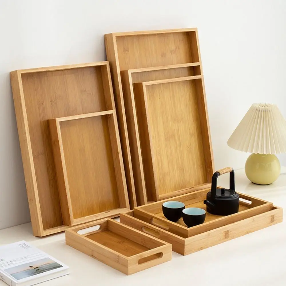 Decorate Tray Rectangular Bamboo Wooden Tray Natural Wood With Handle Food Storage Trays Dessert Pallet Bathroom