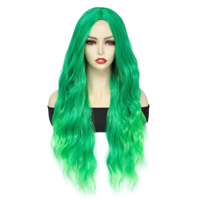 

Woman Water Ripple Long Curly Hair Halloween Dress Up Headwear Green Center Part Wig Christmas Party Curly Hair Wig Cover