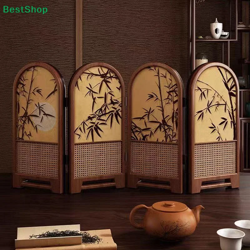 Mini Wooden Tabletop Folding Screen Hand Painted Bamboo Pattern Rattan Woven Detail For Tea Room Study Home Decor