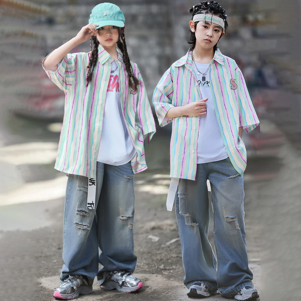 Kids Street Dance Wear  Jazz Dance Costume Kpop Stage Outfit Line Dance Costume Stripe Shirt Denim Bottoms White T-Shirt AMY286