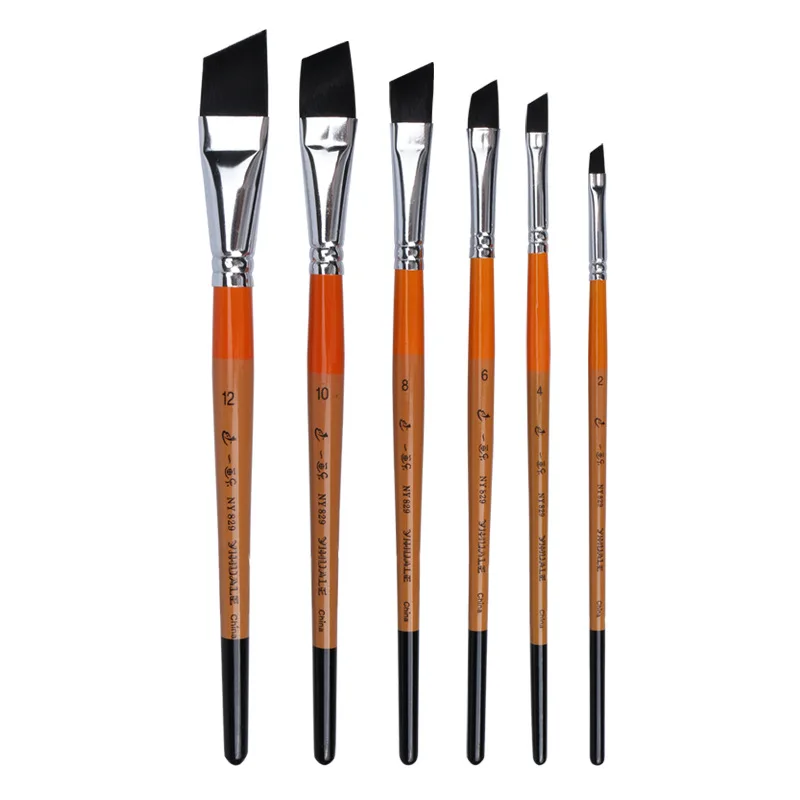 6 pcs set high quality short-wood pole oblique head paint brush gouache water painting black nylon hair acrylic oil painting pen