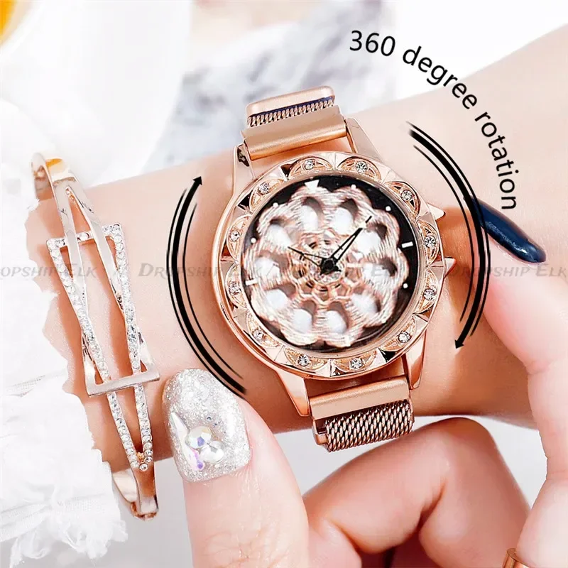 Women Watch Mesh Magnet 360 Degree Rotating Dial Ladies Watch Luxury Fashion Diamond Quartz Watch for Women Clock Relogio Femino