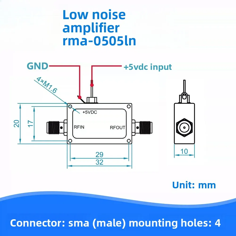 50MHz-6GHz Low Noise Amplifier 22dB, High Flatness Broadband LNA Module