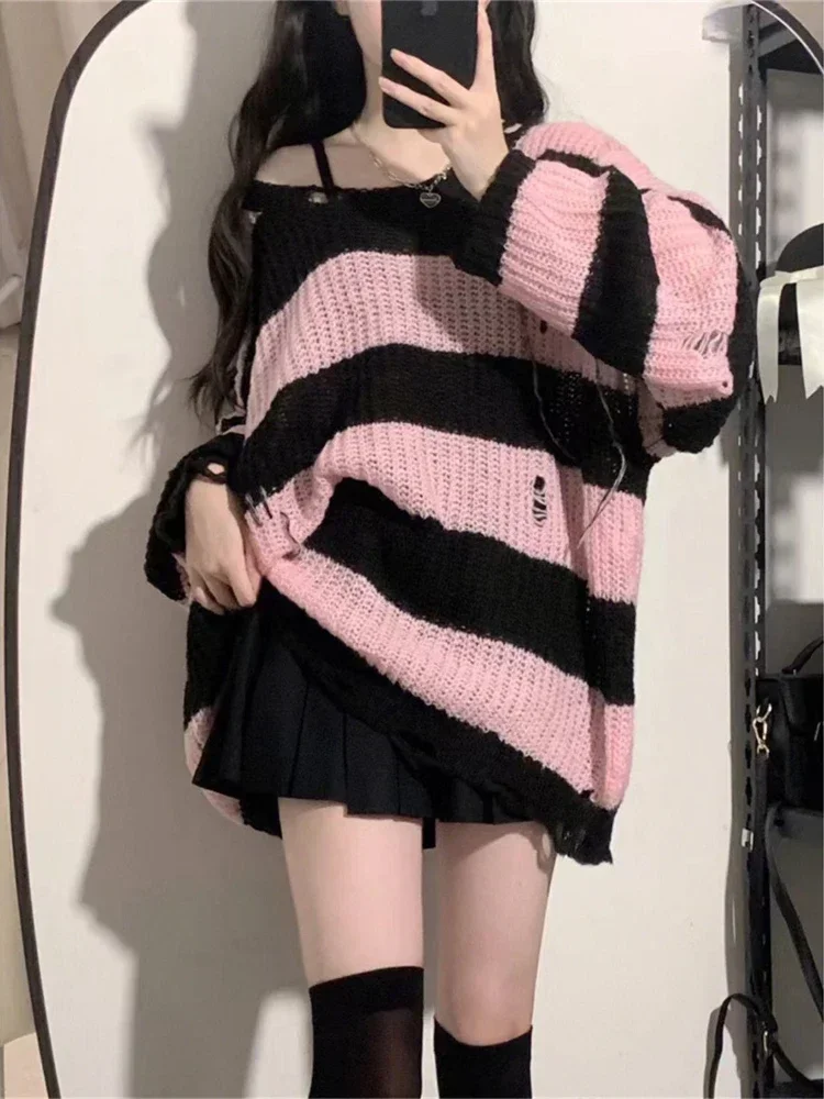 Deeptown-Women\'s Pink Striped Sweaters, Harajuku Vintage Black Knitted Jumper, Grunge Sexy Hole Hollow Out Loose All-match Tops,