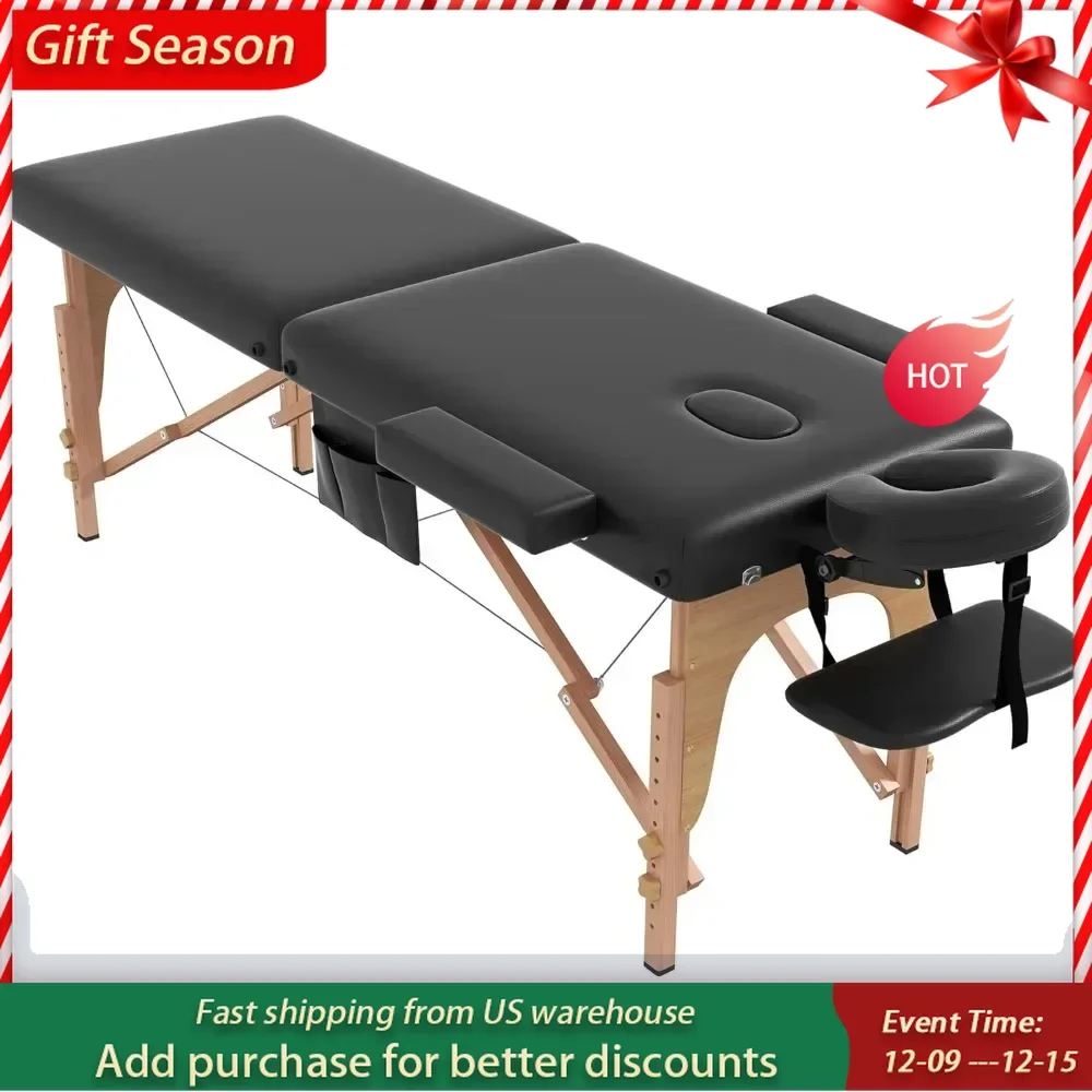 Massage Table Portable,2 Section Foldable Tattoo Bed  Height Adjustable Wooden Frame with Accessories Carrying Bag, Massage Bed