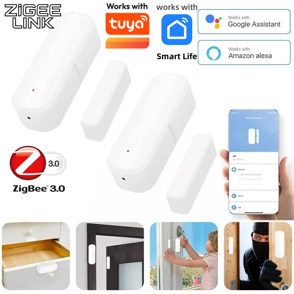 Work With Tuya ZigBee 3.0 Door Window Sensor Smart Home Security Alarm Contact Open/Closed Detector Voice Control Home Assistant