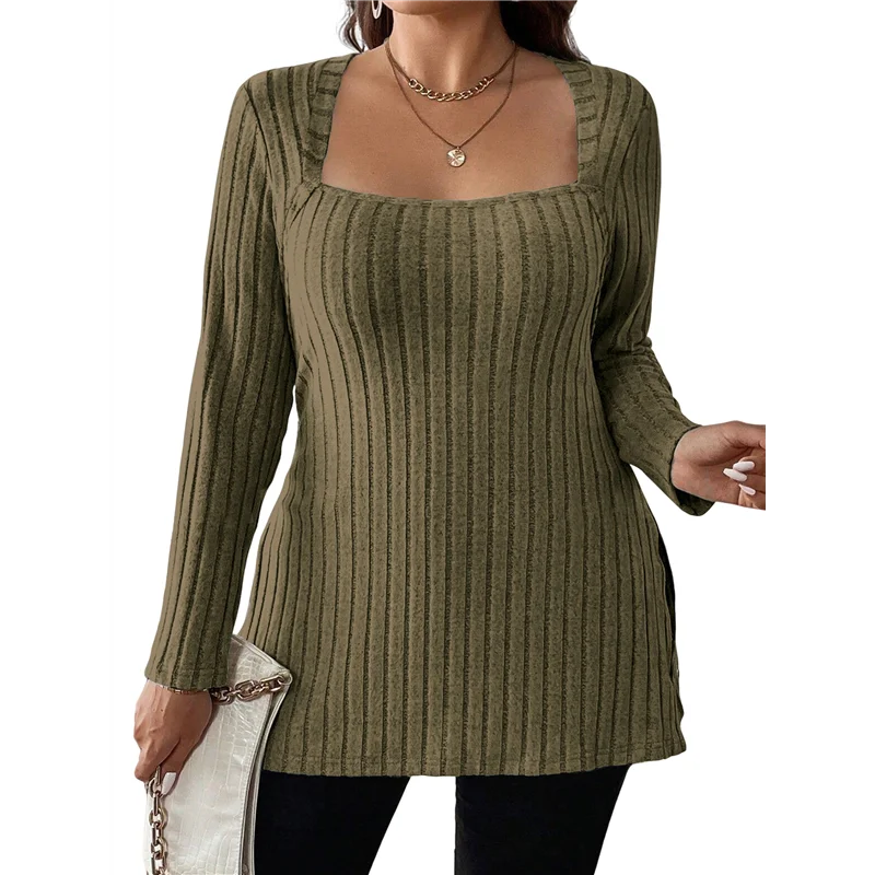 

A83F-Женские рубашки с длинным рукавом Модные повседневные топы с квадратным вырезом Легкие свитера