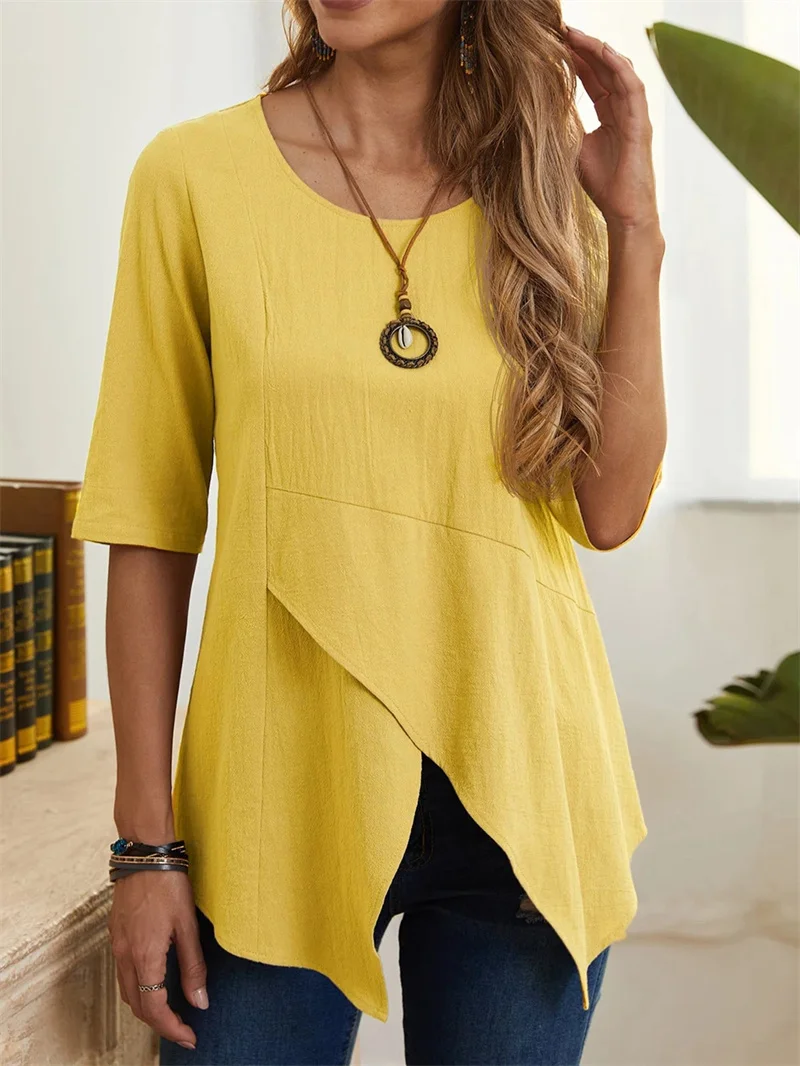 Pull en lin de coton irrégulier pour femme, tee-shirt à col rond, coupe couvertes, demi-manches, t-shirts décontractés pour femme, document monochrome élégant, été