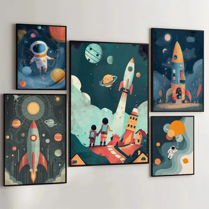 (No frame)Retro Futuristic Cartoon Abstract Space Sci-Fi Rocket Launch Galaxy Astronaut Poster Canvas Painting Wall Pictures