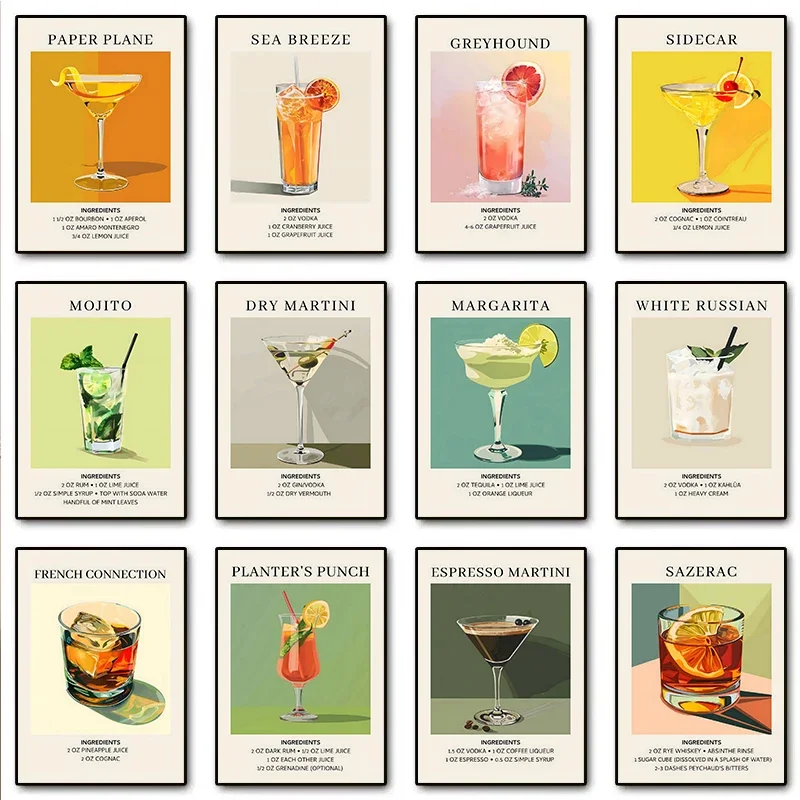 Retro Bar Cocktail Drinks Alcohol Recipe Martini Mojito Minimalist Poster Prints Canvas Painting Wall Picture Home Decor Cuadros