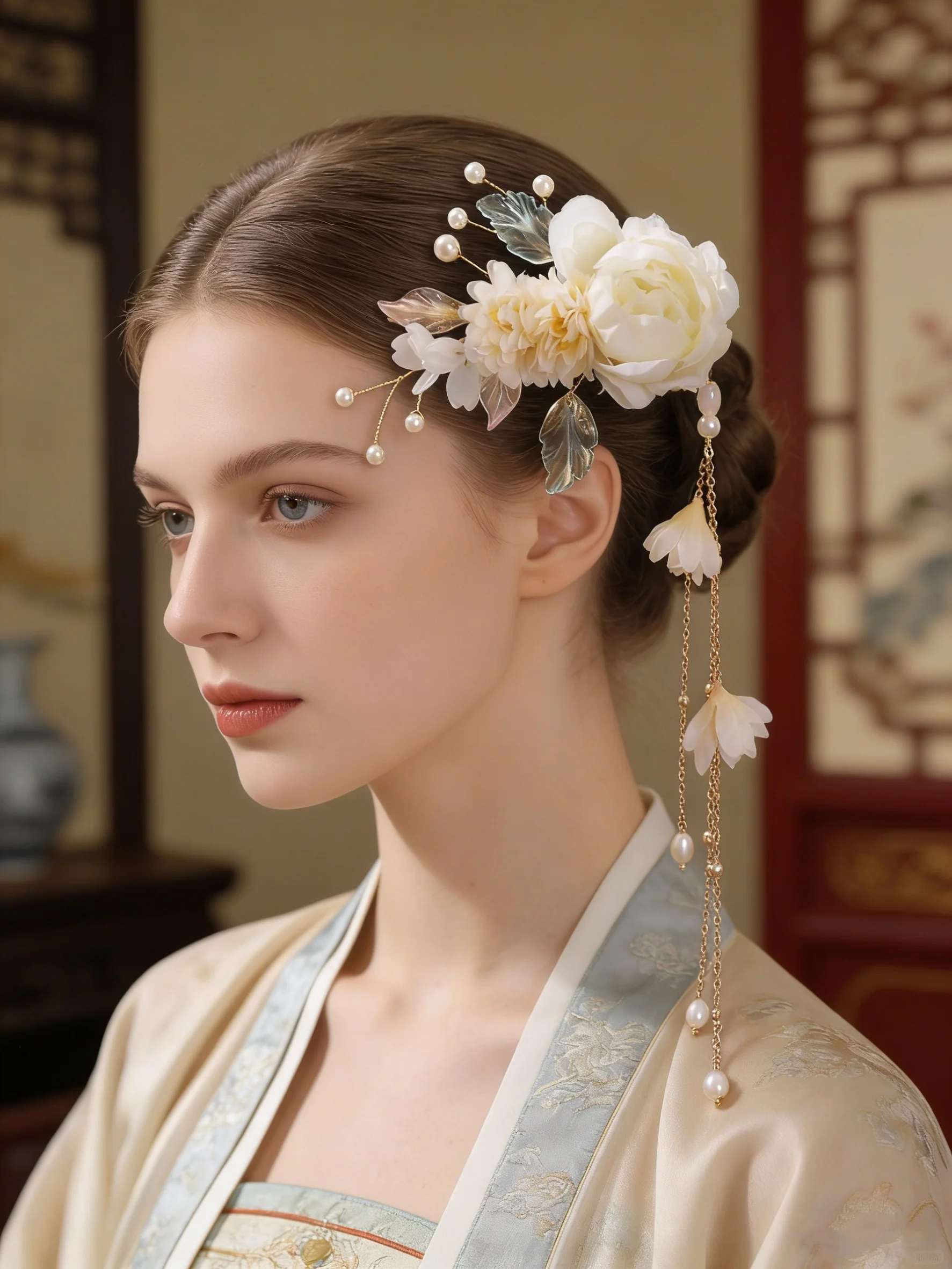 Antiker Hanfu-Haarschmuck aus Seide mit Blumen, Ätherische Perlen-Haarspange mit Quastenrand, Mädchenhafter Charme-Kopfschmuck – Detail 1