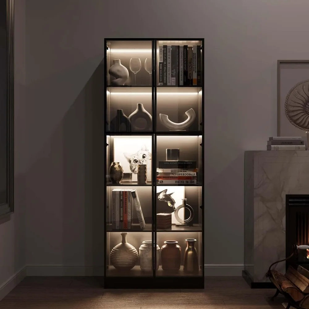 Bookcase with Glass Doors and LED Light, Black Curio Cabinets, Display Cabinet with 5-Tier Shelves, Trophy Glass Display Case fo