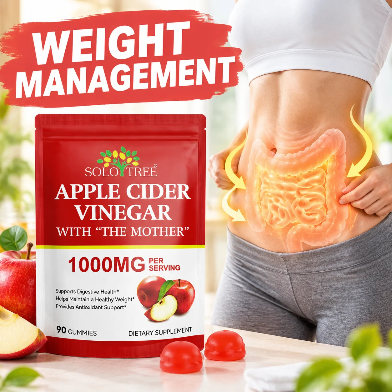 Apple Cider Vinegar Gummies, Supports Healthy Weight Management & Digestion, B6 B12 Folate Iodine, Vegan Gluten Free, 90 Gummies