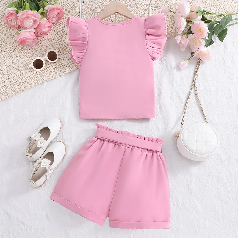 New Summer Girls Ruffled V-Neck Top & Pink Shorts Two Piece Set Daily Casual Vacation Holiday Cute Preppy Style Outifits