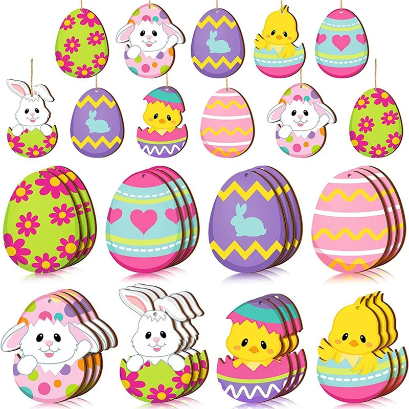 

A95Q-24PCS Easter Day Wood Ornaments Hanging Decoration For Home Office Party Classroom Decor Bunny Flower Style With Lanyard