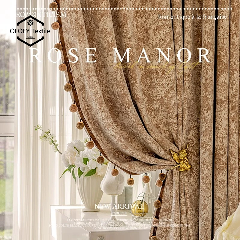 

New American Style Vintage Rose Manor Chenille Jacquard Blackout Custom Curtains for Living Room Bedroom Tulle Drapes