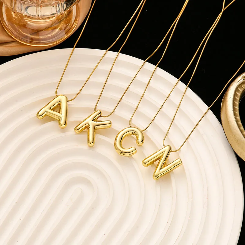 Stainless Steel Chain Gold Color Letter Necklaces Chunky Alphabet Balloon Bubble Initial Pendant Necklace for Women Men Jewelry