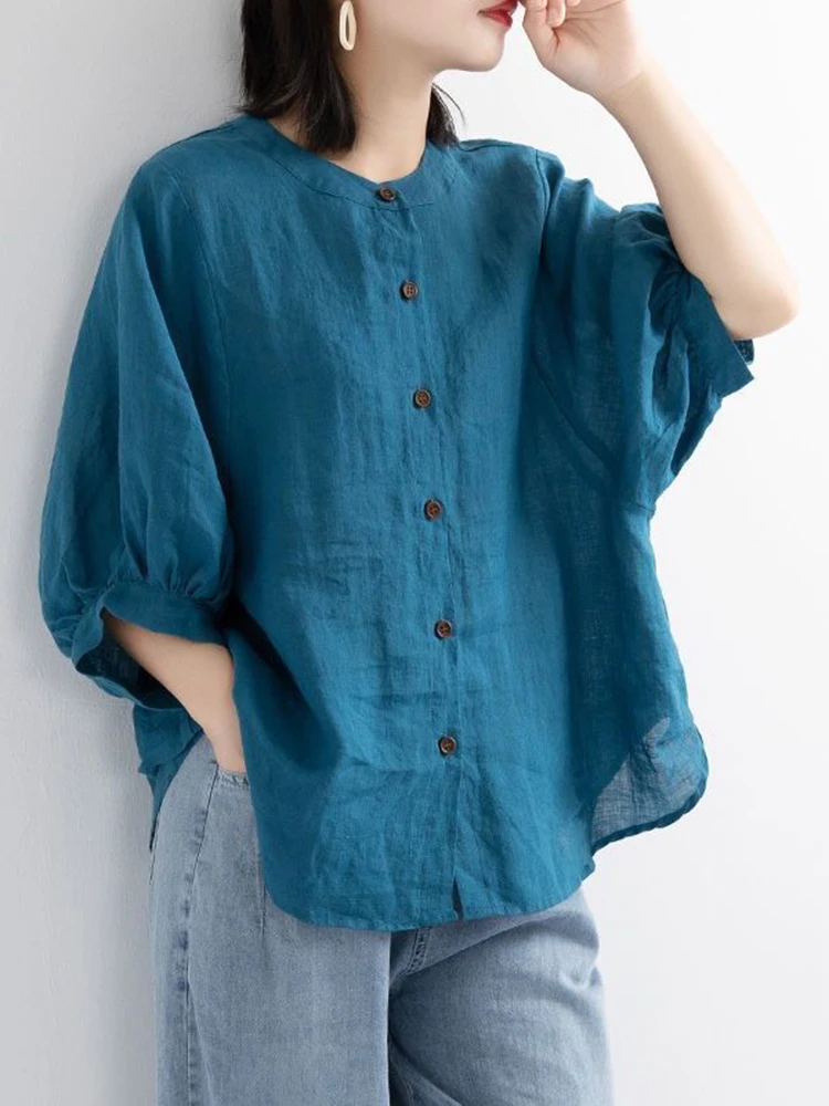 ZOKI Casual Cotton Linen Shirts Oversize Summer Lantern Half Sleeve Tops Summer Korean Loose Mom Button Up Blouse Dropshipping