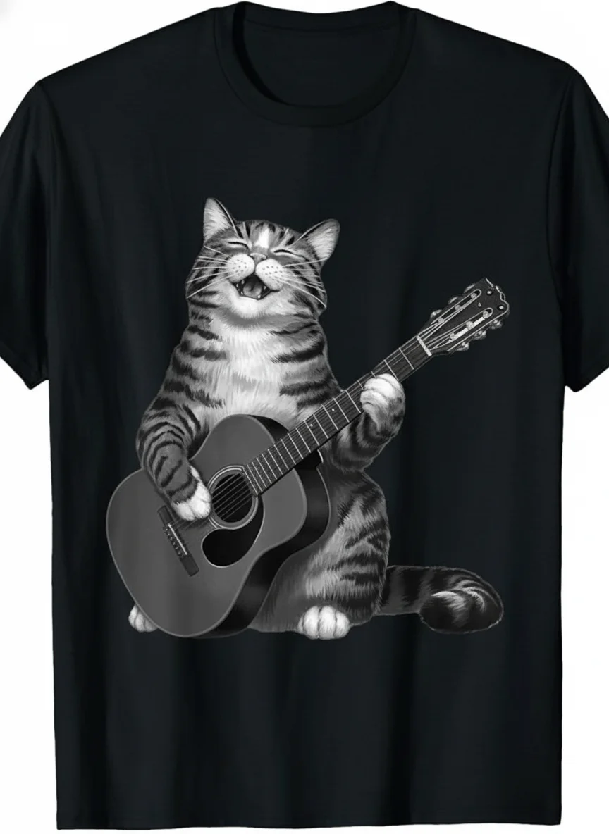 

Cat Guitarist Tee: 220g Premium Cotton Comfy Fit Hilarious Graphic Great Value Rave