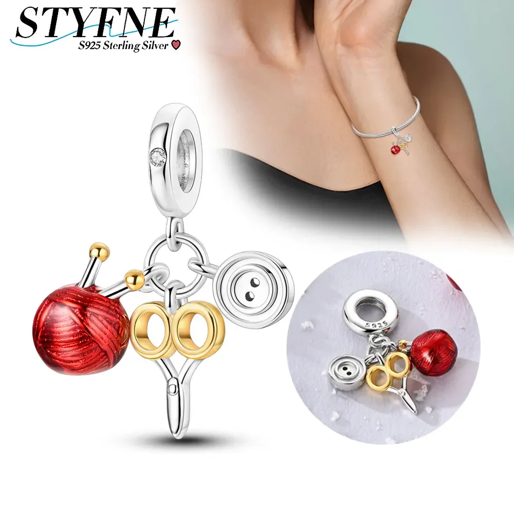 925 Sterling Silver Life Series Yarn Ball Scissors Button Charm Beading for Women fit Original Bracelet Diy Jewelry Gif