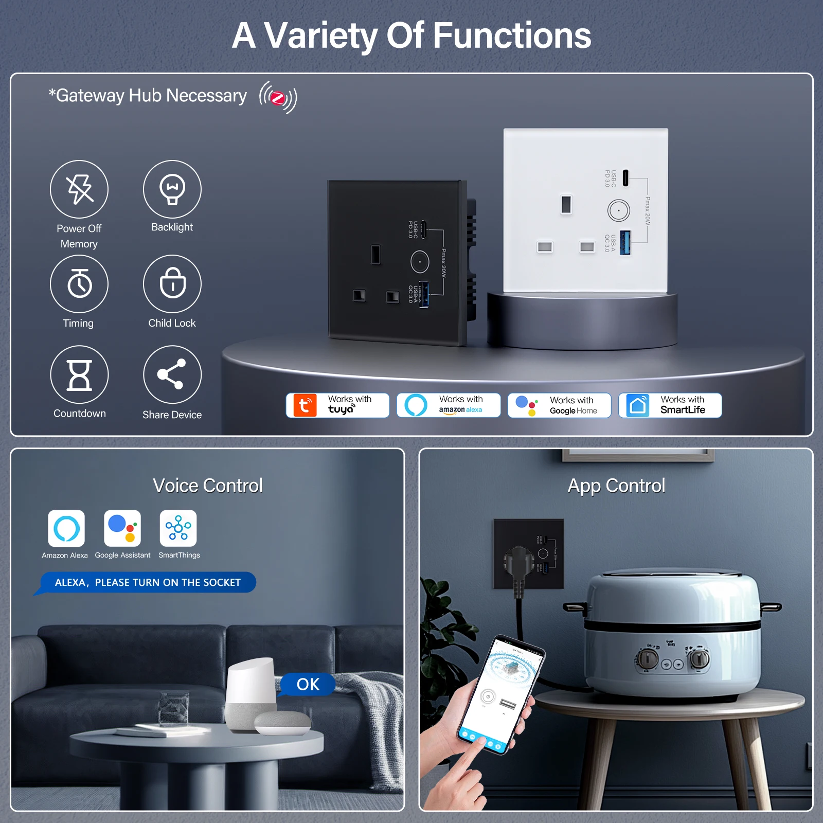 BSEED Zigbee UK Smart Socket With USB Type-c Wall Power Socket Tuya Smart Life Alexa Google Home App Control Glass Panel 13A