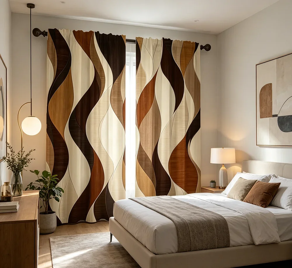 2PCS Digital Printed Curtains with Earthy Waves Design, Stylish Window Drapes for Living Room Bedroom Home Decoration and Kitche