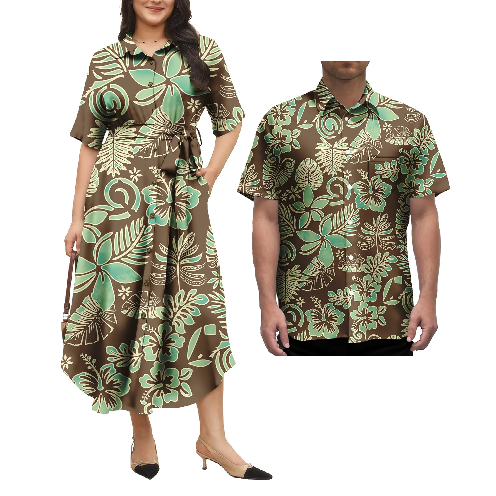 Tapa Polynesian Tribal puletasi Beach Dress Matching Men Hawaiian Shirts Traditional Clothing Long Dress Couple Clothes 2pcs