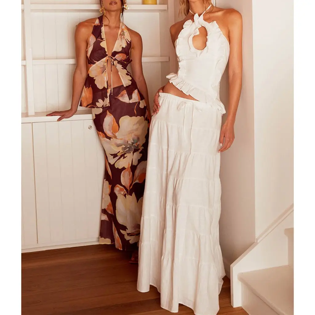 Combhasaki Set da 2 pezzi da donna con lacci, scollo all'americana, top con volant irregolare e gonna lunga a trapezio con coulisse in vita