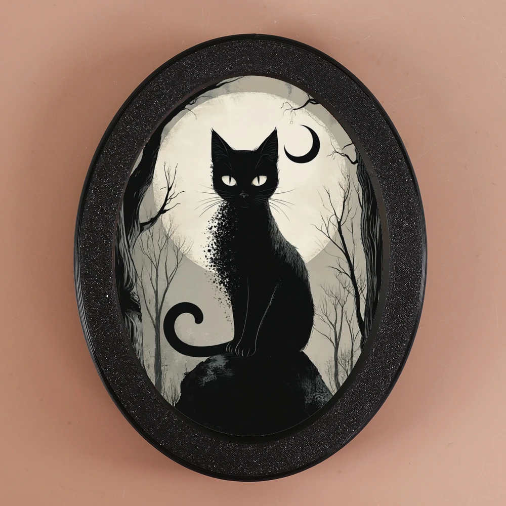 1 pieza de decoración ovalada de estilo gótico oscuro, marco negro retro muestra el gato negro en la escena nocturna iluminada por la luna, crea misterioso y Fant