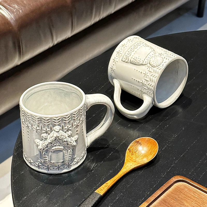 

Creative Ceramic Mug Breakfast Milk Coffee Cup With Handle Design Sense Relief Pattern Office Home Water Cups Novelty Gift
