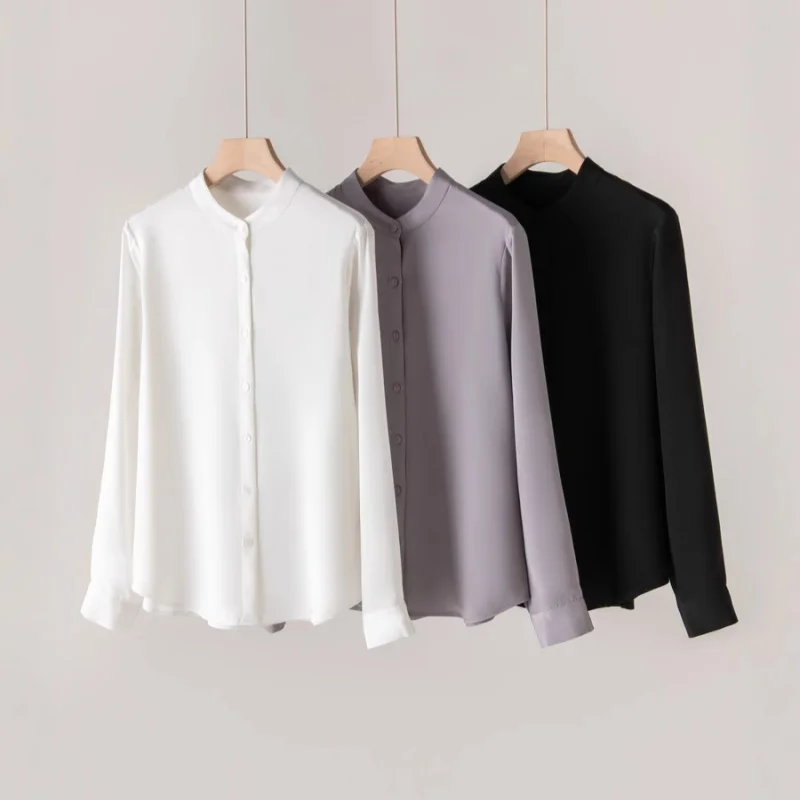 Birdtree, blusa lisa de 100% seda de morera 7% LICRA, Tops de un solo pecho de crepé pesado para mujer, camisa con cuello levantado, novedad de 2025 T5D625JF