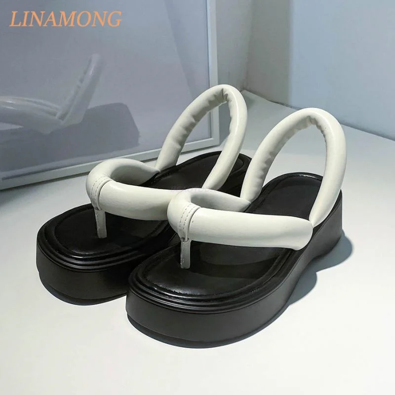 Soft Padded Thong Platform Sandals Dual Round Cushioned Loop Back Straps Slip Construction Curved Wedge Thick Stacked Footwear