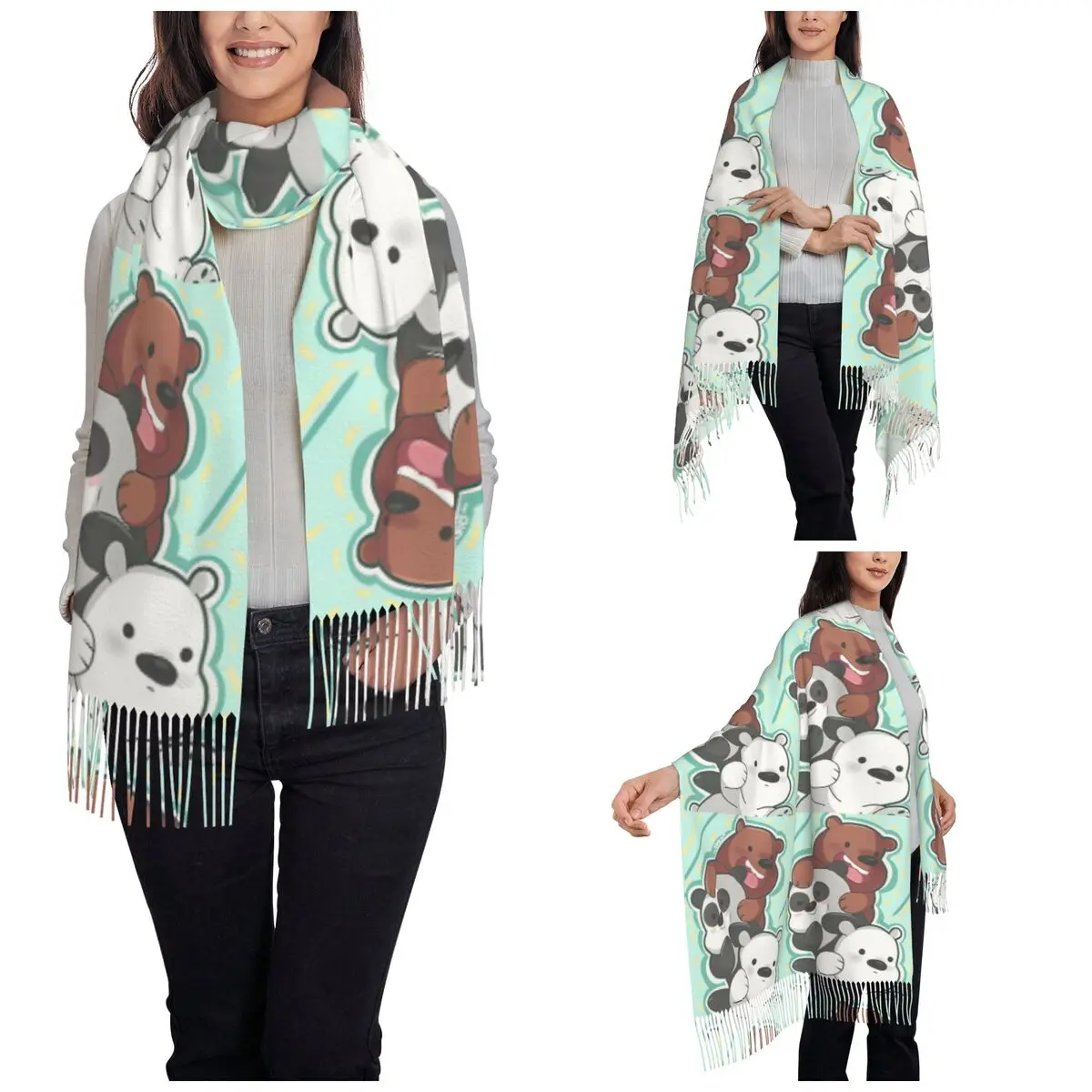 Damessjaal met kwastje We Bare Bears Panda Lange winter herfst sjaal en omslagdoek Cartoon Grizzly Ice Gifts Pashmina sjaals