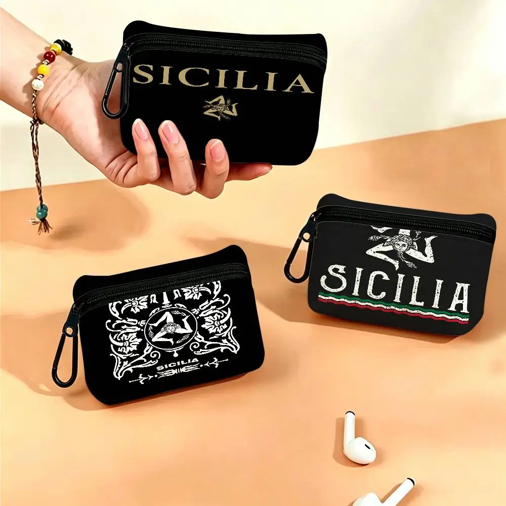 S-Sicilia Logo Oxford Cloth Zipper Wallet Multifunctional Hanging Coin Bag For Credit Cards Keys Coins Earbuds