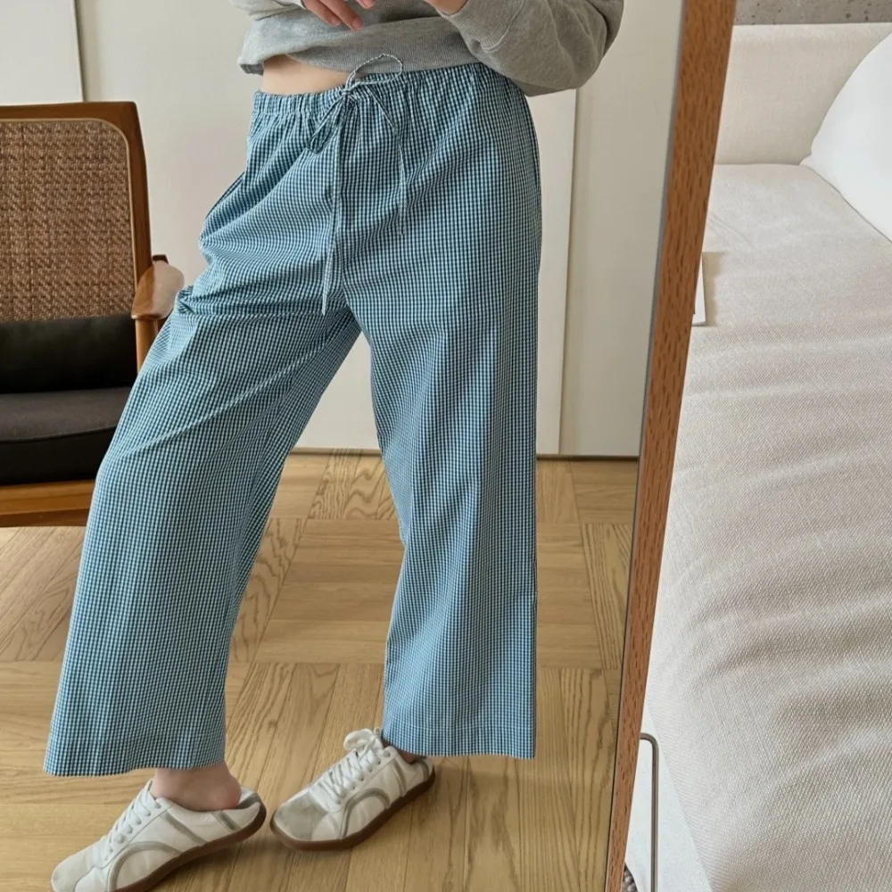 Lightweight Long-staple Cotton Drawstring Plaid Pants