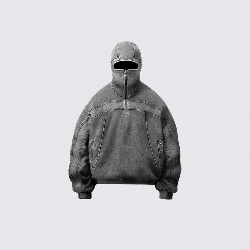 QICHE 2026 Men American Street‑wear Full‑Face Eye‑Exposed Long Zip‑Up Single‑Hood Trendy Hoodie Jacket