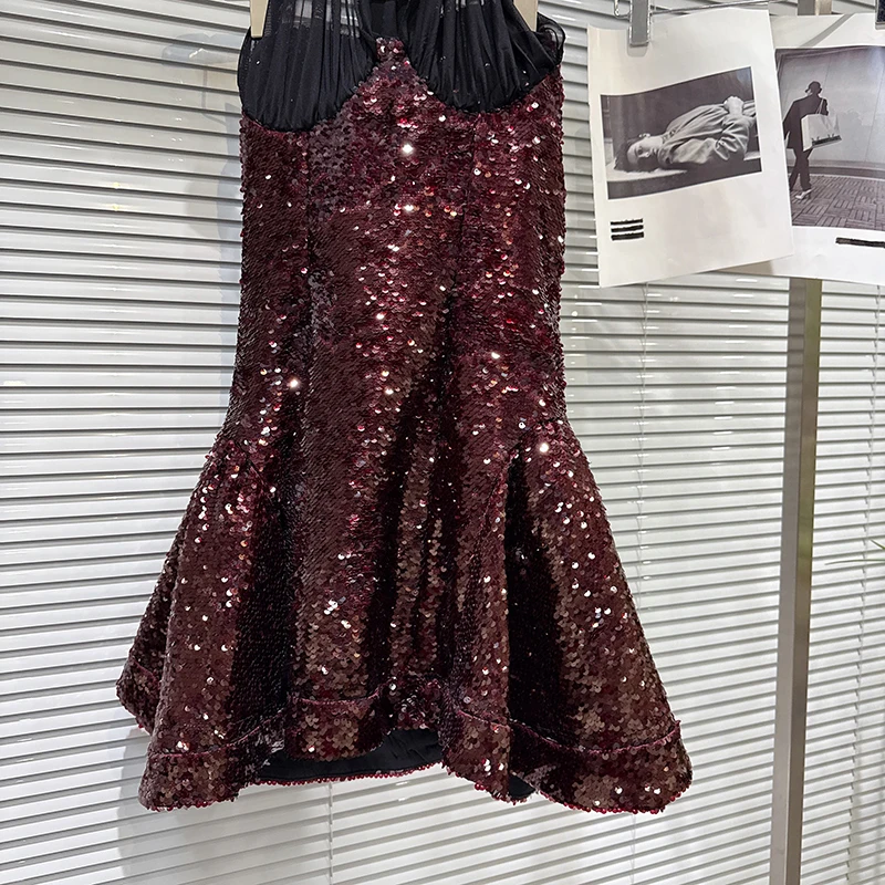 Vestidos Mini Sexy com Lantejoulas para Mulheres, Sem Mangas, Costura em Camadas, Alta Cintura, Novo Designer