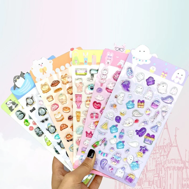 6Style Glitter Crystal 3D Stickers, Embossed Cartoon Diamond Decals, Creative Journal & Guca Phone Case Decor, Fun Material Deco