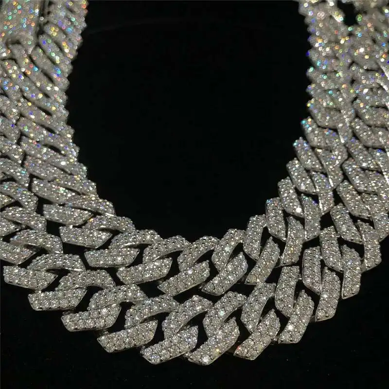 

15mm Sterling Silver Iced Out Hip Hop Moissanite Jewelry Cuban Necklace Long Clasp Bling Diamond Men Jewelry Cuban Link Chain
