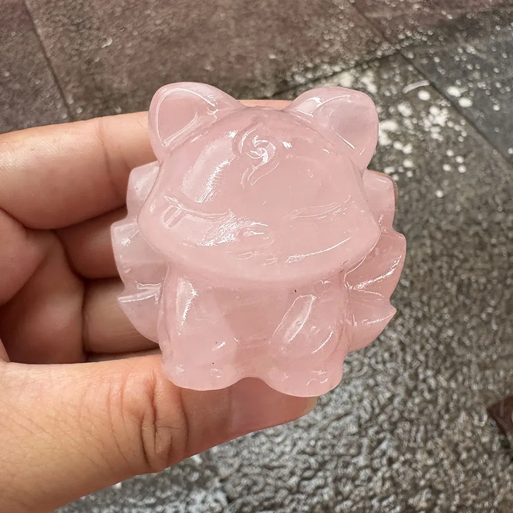Custom Natural Rose Quartz Nine-Tailed Fox Figurine - Cute Carved Gemstone Fox Statue for Love, Healing, and Home Decor