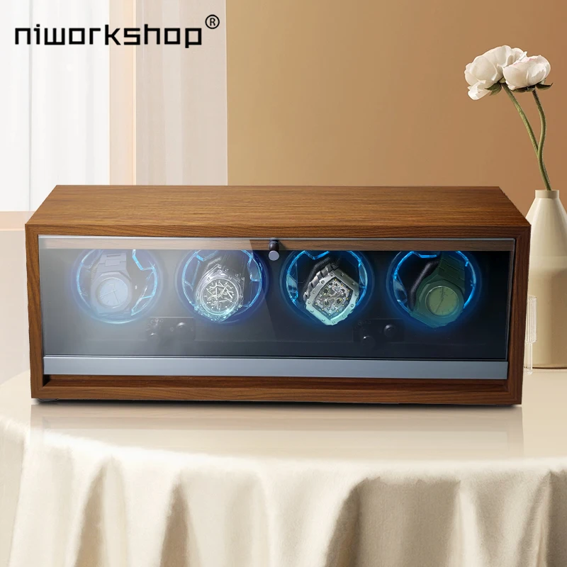 Niworkshop 4 Slots  Automatic Watch Winder, Wooden Watch Box,with LED Light, Super Quiet Motor,4 Rotation Modes