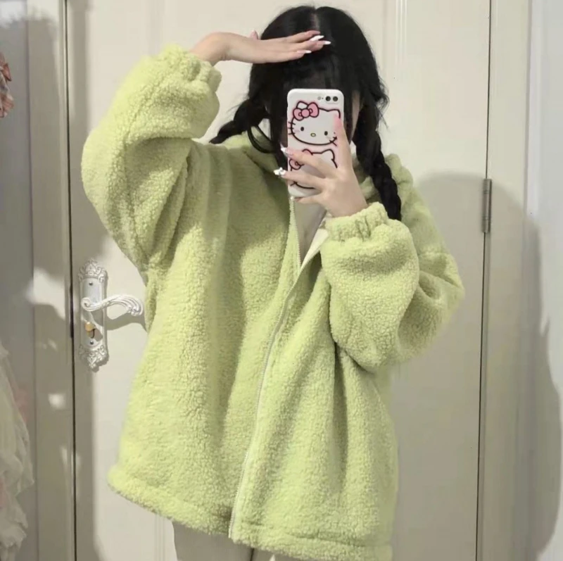 Cappotto autunno inverno Cardigan in Cashmere cappotto con risvolto in lana di agnello Avocado verde sciolto manica lunga giacca calda Street women's Style